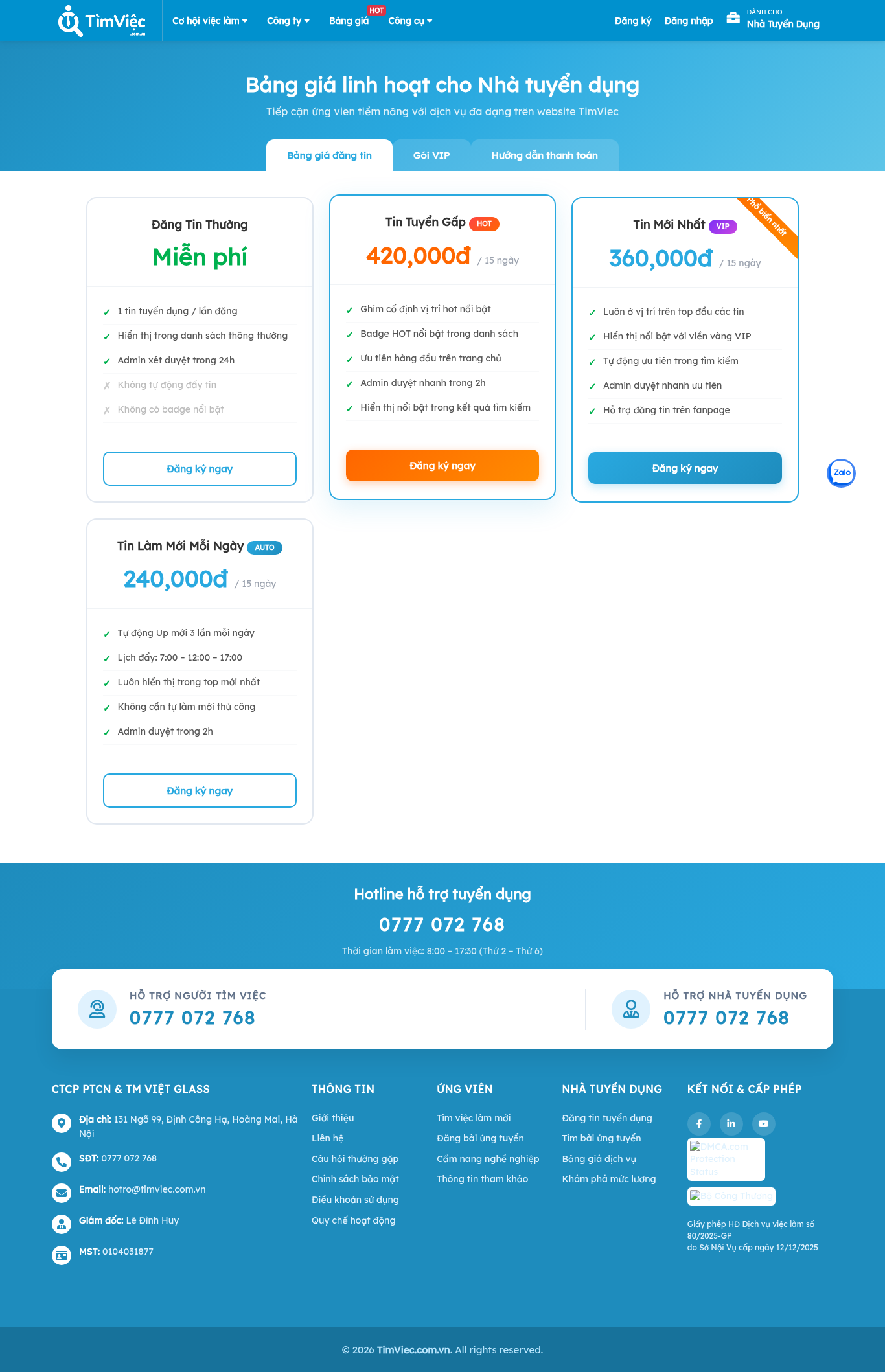 Bảng giá dịch vụ